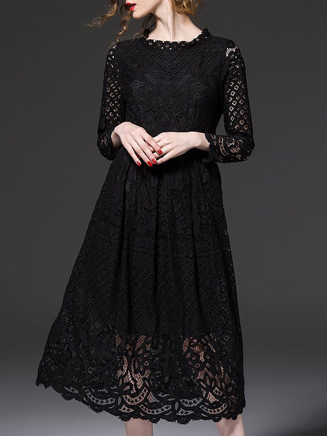 Floral Stand Collar Vintage Long Sleeve Guipure Lace Midi Dress